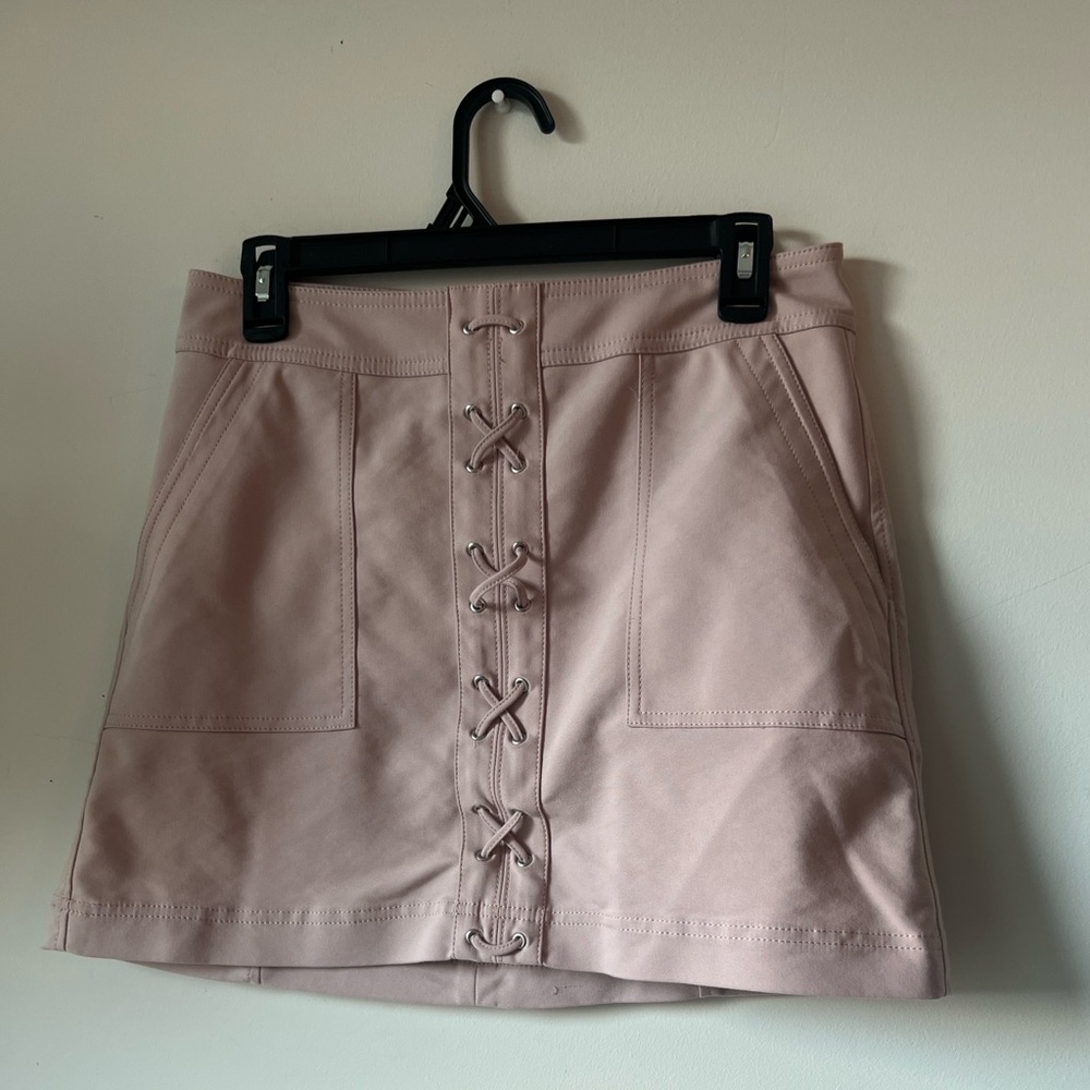 Express Blush Pink Faux Mini Skirt with Lace-Up Front – Size 6